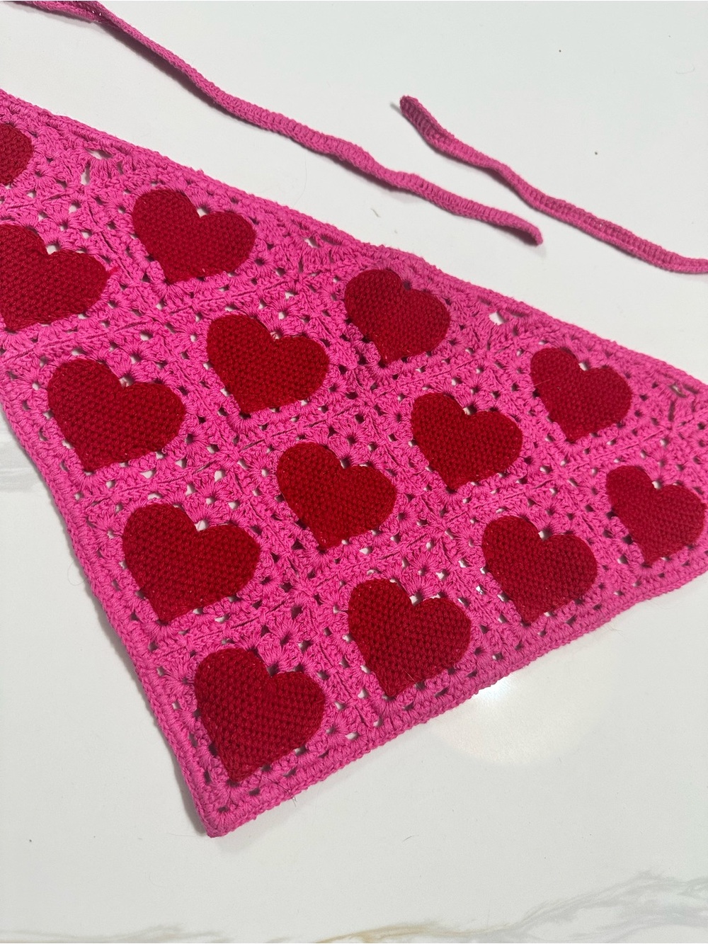 Pink Crochet bandana with Red Hearts